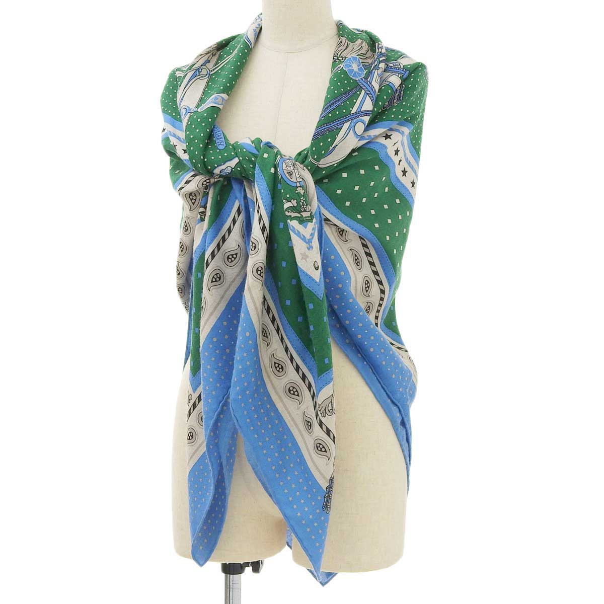 Hermes Shawl Green Light Blue Silk Blend