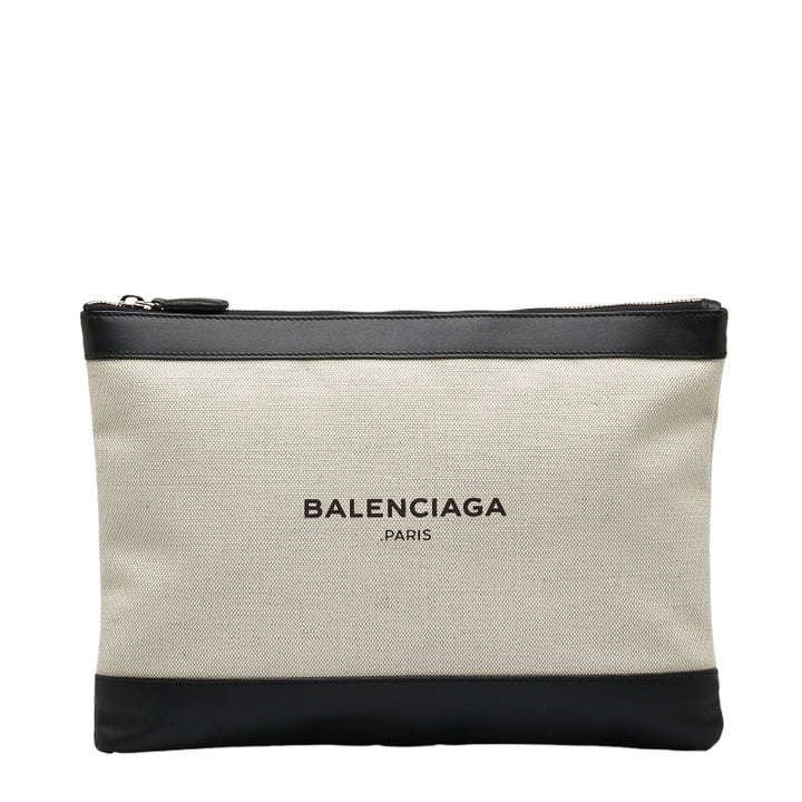 Balenciaga Canvas Leather Logo Navy Clip M Clutch Bag in Very Good Condition