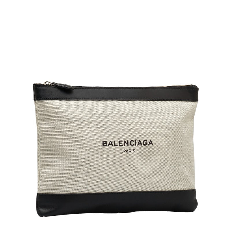 Balenciaga Canvas Leather Logo Navy Clip M Clutch Bag in Very Good Condition