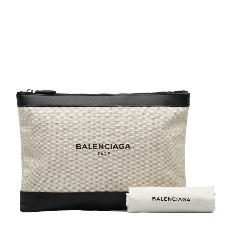 Balenciaga Canvas Leather Logo Navy Clip M Clutch Bag in Very Good Condition