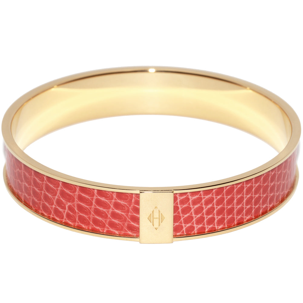 Hermes Lizard Brass Bangle Bracelet Red Gold S