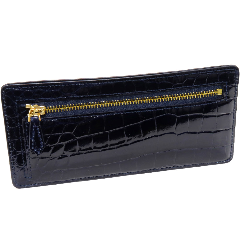 Crocodile Leather Zip Wallet with Coin Pocket, Shiny Blue in Pristine Condition