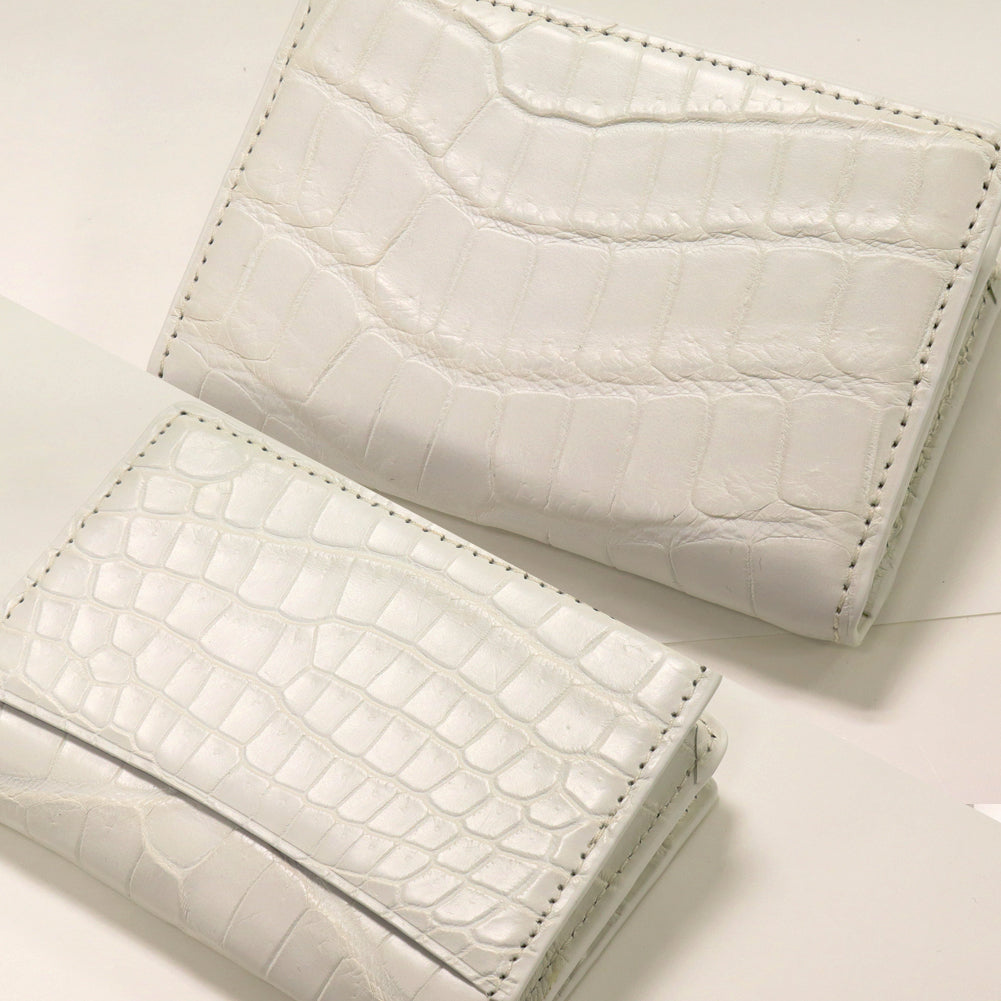 Crocodile Card Case with Gusset, Matte Finish, White