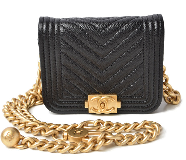 Chanel Boy Belt Bag Coin Case Chain Pouch Black Gold Hardware