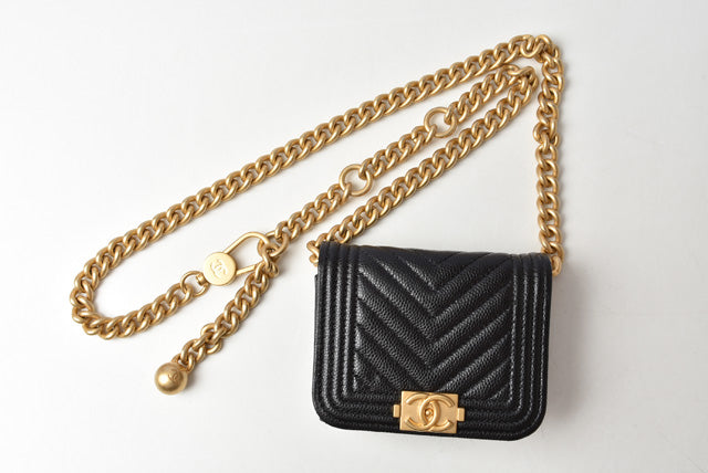 Chanel Boy Belt Bag Coin Case Chain Pouch Black Gold Hardware