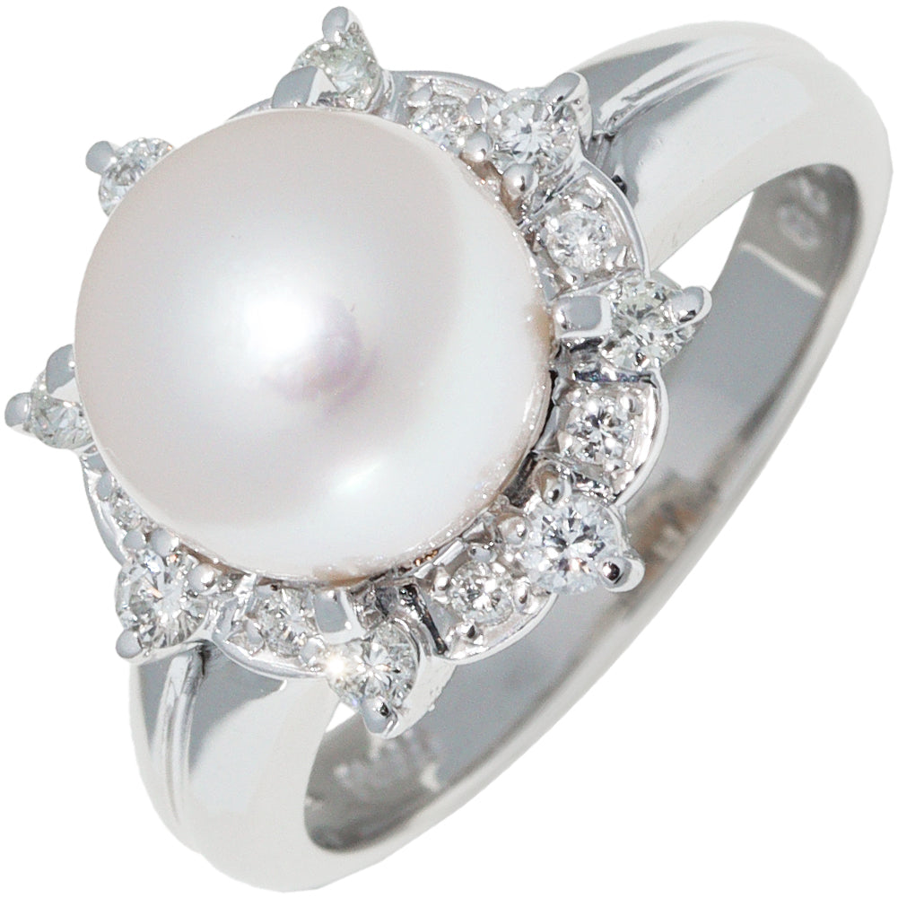 Pt900 Platinum Pearl Ring with Diamond 0.28ct Size 11.5 in Great Condition