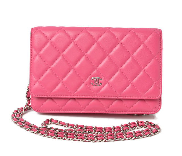 Chanel Lambskin Chain Wallet Shoulder Bag Pink Silver Hardware