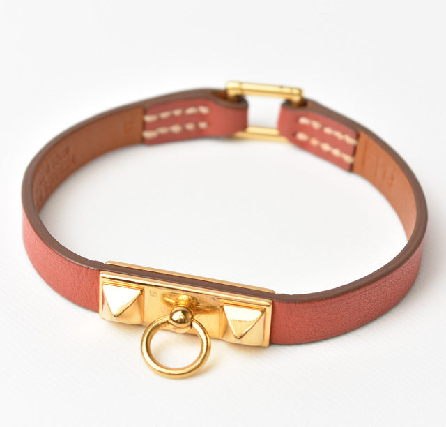 Hermes Micro Rivale Leather Bracelet S Size Pink Brown/Gold in Excellent Condition