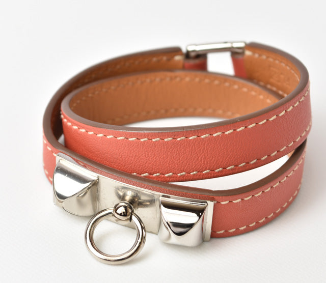 Hermes Leather XS Rivale Double Tour Bracelet Pink Brown/Silver