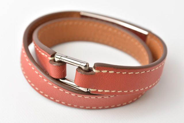 Hermes Leather XS Rivale Double Tour Bracelet Pink Brown/Silver in Excellent Condition