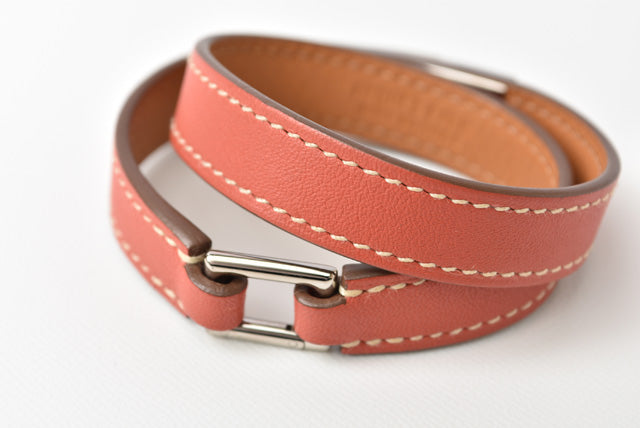 Hermes Leather XS Rivale Double Tour Bracelet Pink Brown/Silver in Excellent Condition