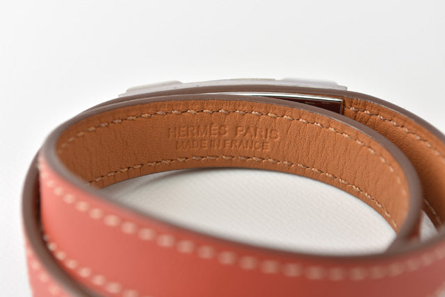 Hermes Leather XS Rivale Double Tour Bracelet Pink Brown/Silver in Excellent Condition