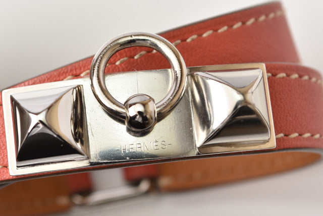 Hermes Leather XS Rivale Double Tour Bracelet Pink Brown/Silver in Excellent Condition