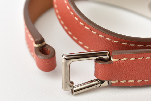 Hermes Leather XS Rivale Double Tour Bracelet Pink Brown/Silver