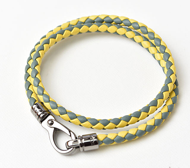 Tod's Leather 2-Strand Intrecciato Bracelet/Bangle, Green/Yellow in Pristine Condition