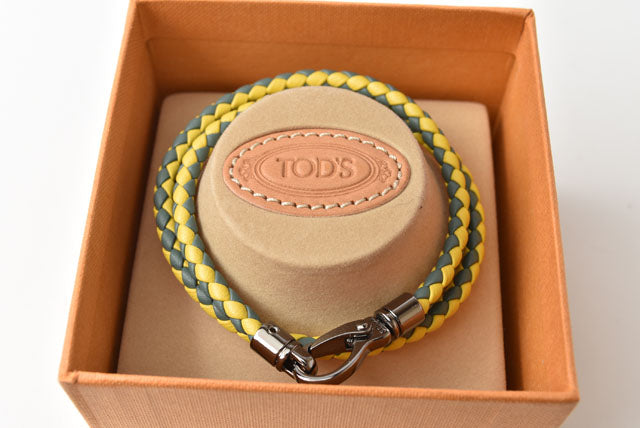 Tod's Leather 2-Strand Intrecciato Bracelet/Bangle, Green/Yellow in Pristine Condition