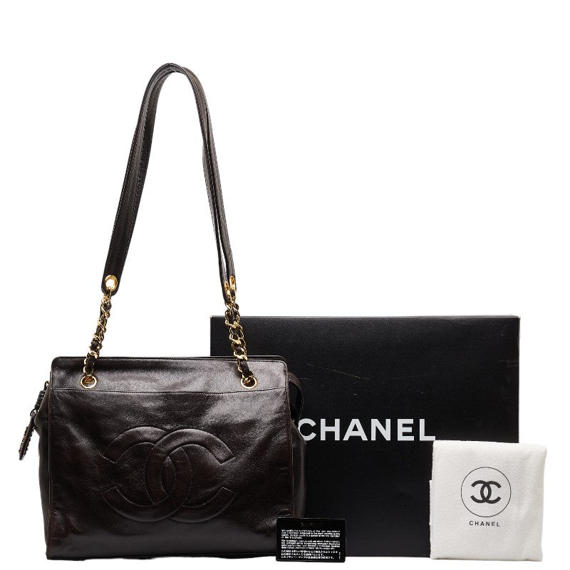 Chanel Lambskin Chain Tote Handbag Black in Very Good Condition