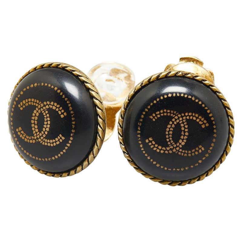 Chanel Coco Mark Button Motif Earrings Gold Black 18.9mm x 18.9mm in Good Condition