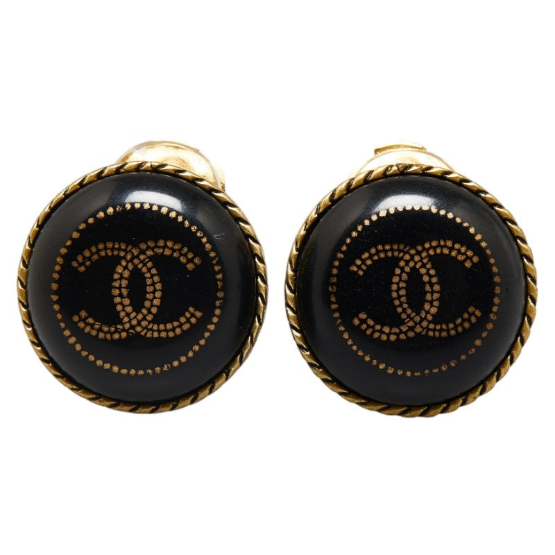 Chanel Coco Mark Button Motif Clip-On Earrings Gold Black in Good Condition