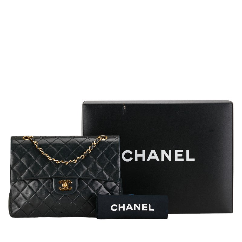 Chanel Matelasse Double Flap Chain Shoulder Bag Black Gold Lambskin in Good Condition