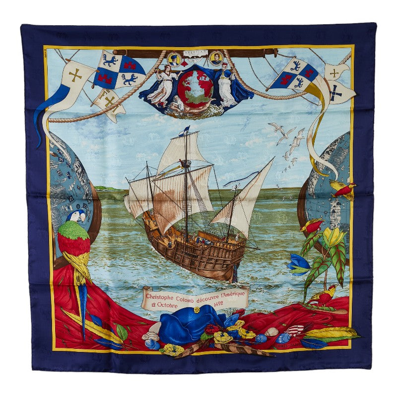 Hermes Silk Scarf 88cm x 88cm Christophe Colomb decouvre 1 Amerique 12 Octobre 1492 in Great Condition