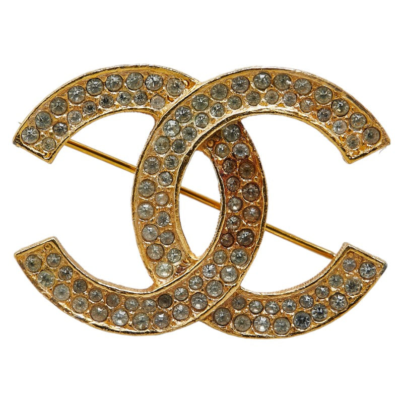 Chanel Vintage Coco Mark Rhinestone Brooch Gold Plated