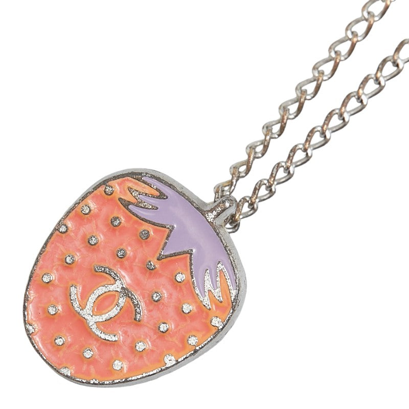 Chanel Coco Mark Strawberry Motif Necklace Silver Pink Metal