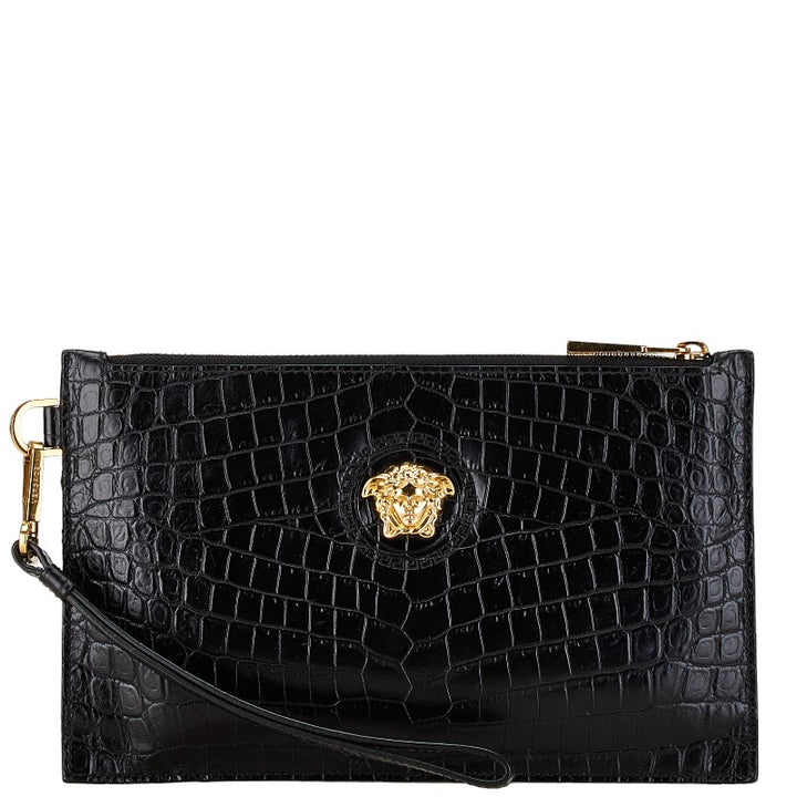 Versace Medusa Croc Embossed Leather Clutch Bag in Very Good Condition