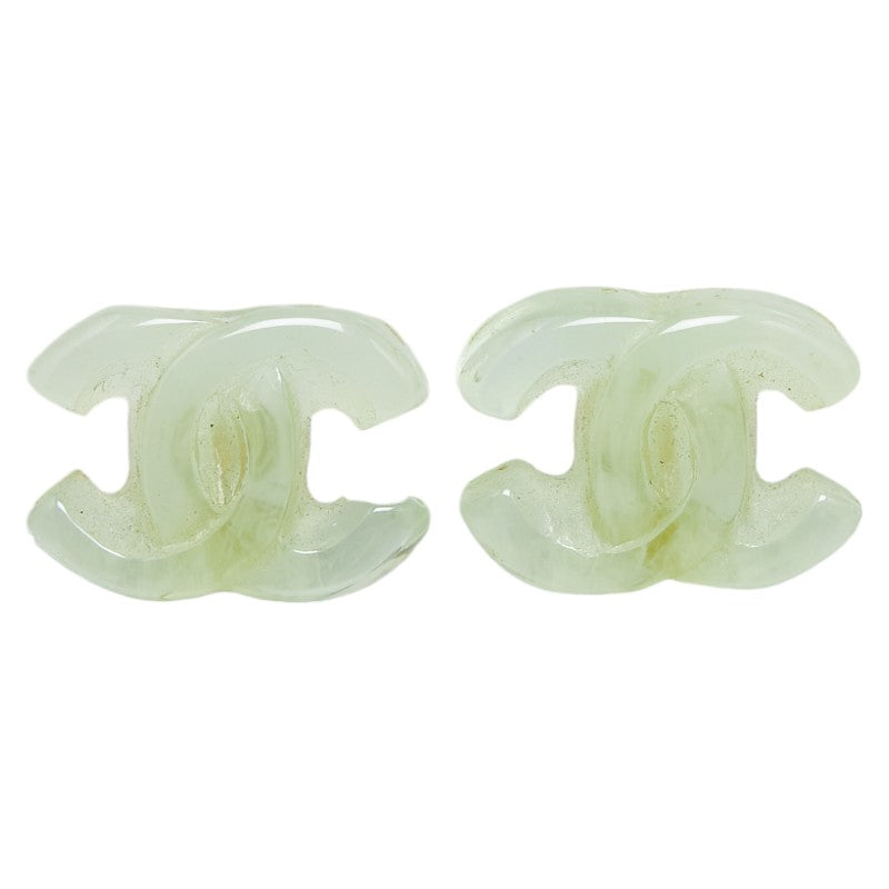 Chanel Coco Mark Clear Plastic Earrings Gold Green in Very Good Condition