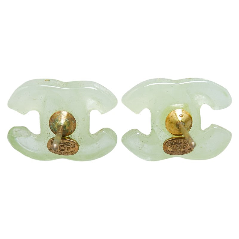 Chanel Coco Mark Clear Plastic Earrings Gold Green in Very Good Condition