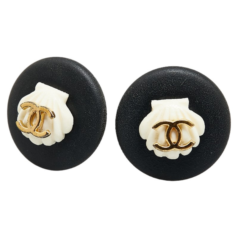 Chanel Coco Mark Earrings Black White Gold Plastic in Very Good Condition