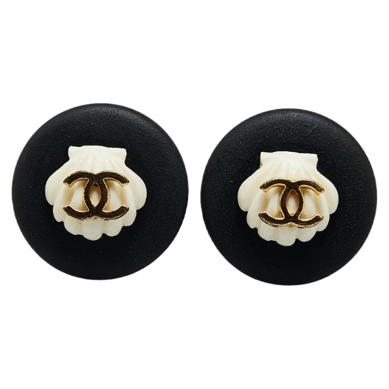 Chanel Coco Mark Earrings Black White Gold Plastic in Very Good Condition