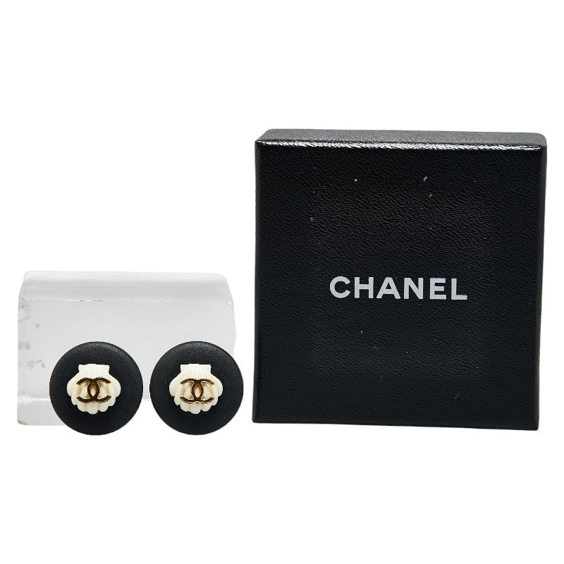 Chanel Coco Mark Earrings Black White Gold Plastic in Very Good Condition