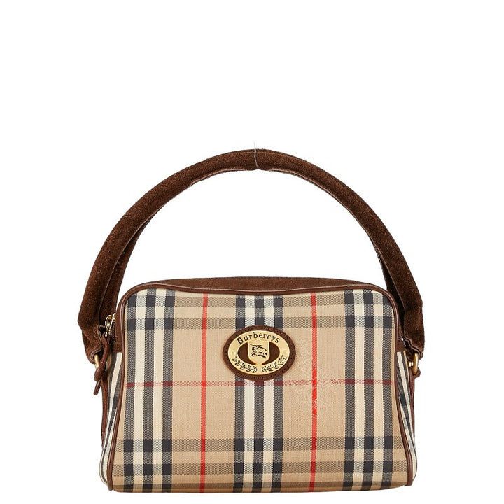 Burberry Nova Check Shadow Horse Canvas Suede Handbag in Very Good Condition