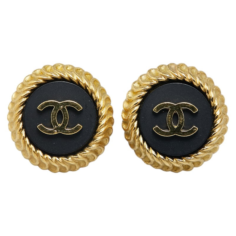 Chanel Vintage Coco Mark Earrings Gold Black Plastic in Very Good Condition