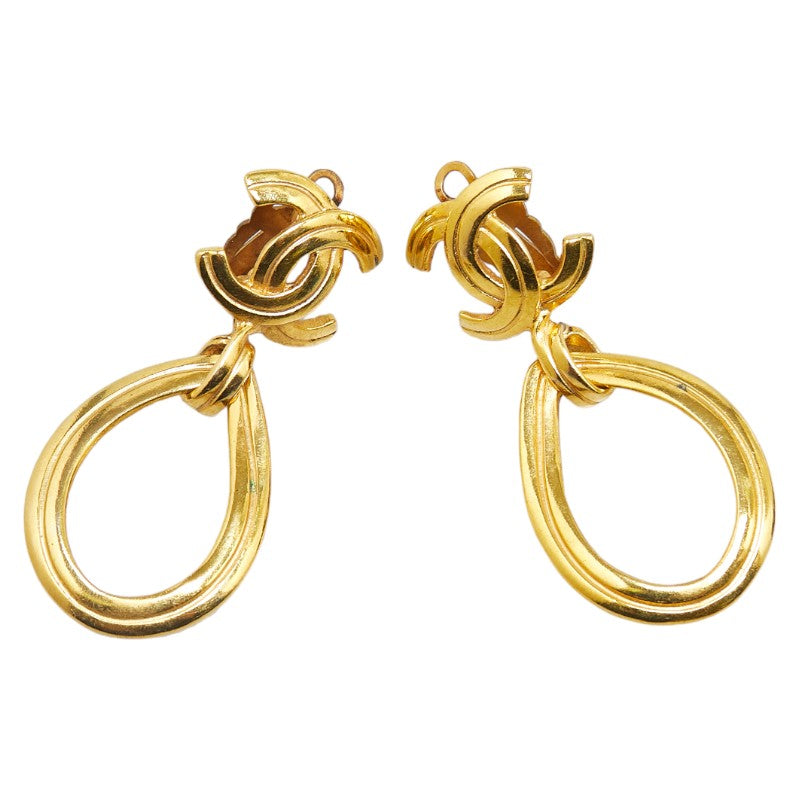 Chanel Coco Mark Swing Teardrop Motif Clip-on Earrings Gold Plated in Very Good Condition