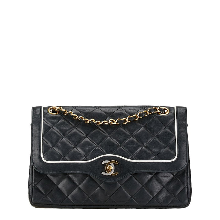 Chanel Matelasse 25 Double Flap Chain Shoulder Bag Black Lambskin