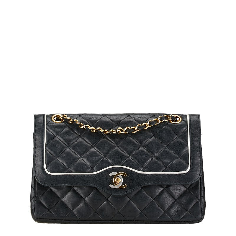 Chanel Matelasse 25 Double Flap Chain Shoulder Bag Black Lambskin in Very Good Condition