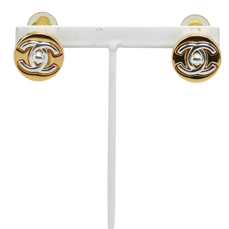 Chanel Vintage Coco Mark Round Mini Turn Lock Earrings Gold Silver in Great Condition