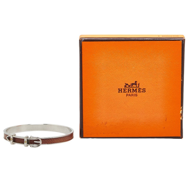 Hermes Silver Brown Metal Leather Bangle in Very Good Condition