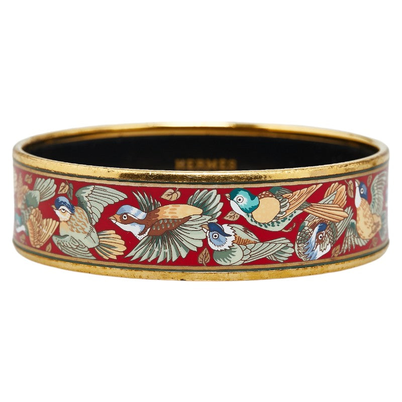 Hermes Enamel GM Bird Pattern Bangle Gold Red in Very Good Condition