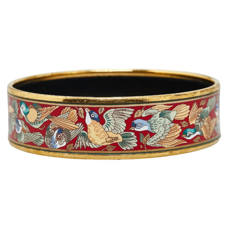 Hermes Enamel GM Bird Pattern Bangle Gold Red in Very Good Condition