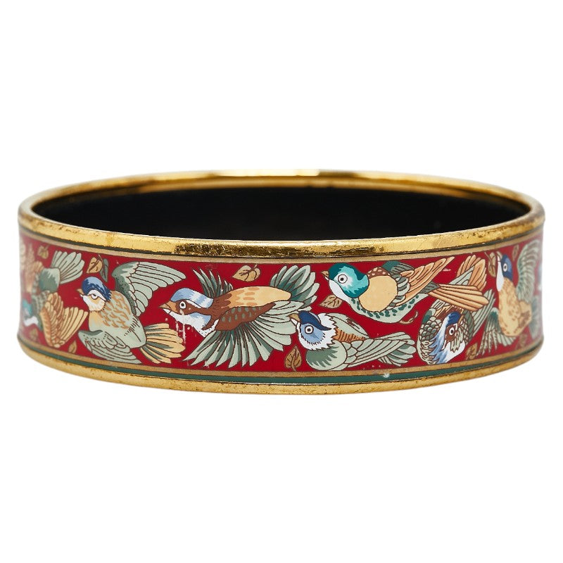 Hermes Enamel GM Bird Pattern Bangle Gold Red in Very Good Condition