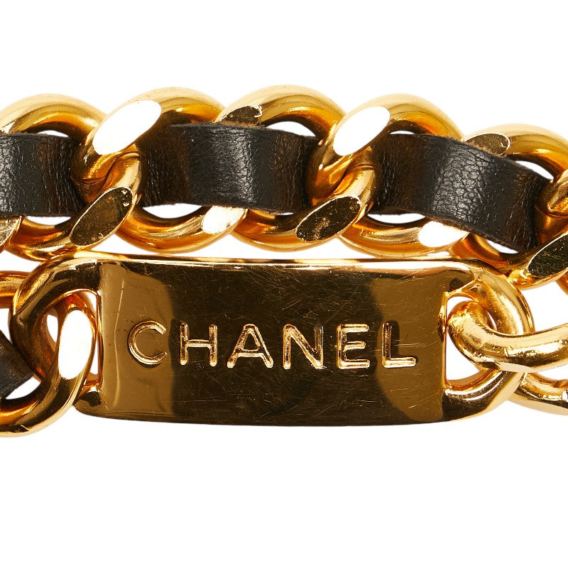 Chanel Coco Mark Medallion Plate Chain Belt Gold Black Leather in Very Good Condition