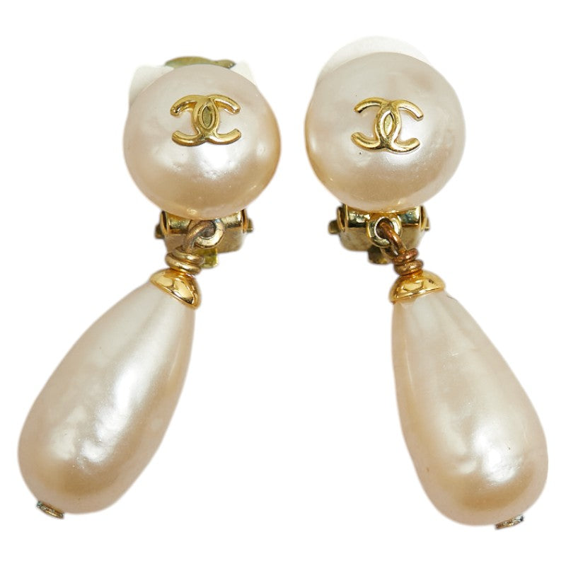 Chanel Vintage Coco Mark Drop Earrings Gold Pearl