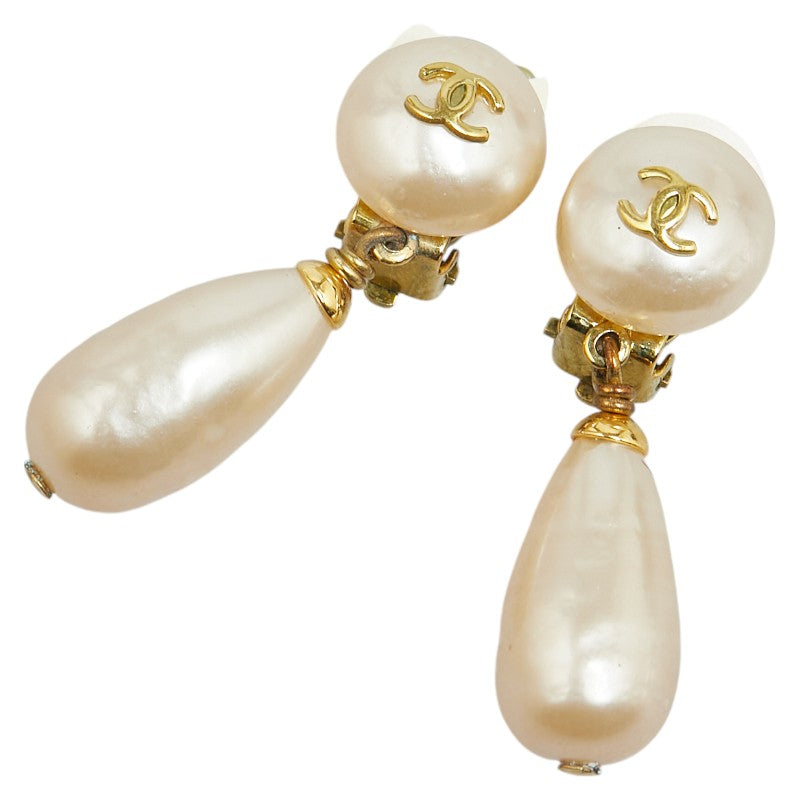 Chanel Vintage Coco Mark Drop Earrings Gold Pearl