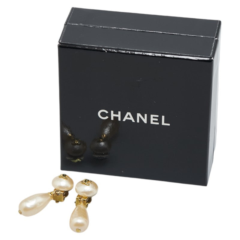 Chanel Vintage Coco Mark Drop Earrings Gold Pearl