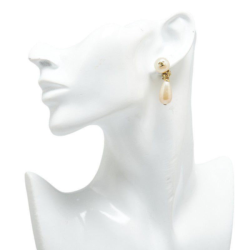 Chanel Vintage Coco Mark Drop Earrings Gold Pearl