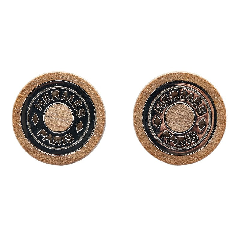 Hermes Beige Silver Wood Metal Earrings