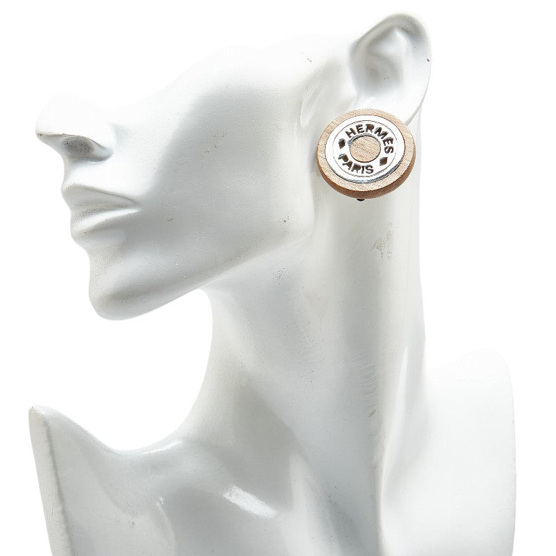 Hermes Beige Silver Wood Metal Earrings